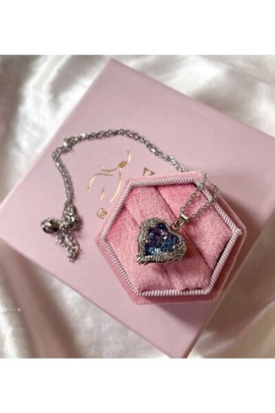 bee Mavi Mor Kalp Kolye Gümüş Renk