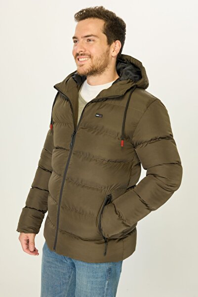 D1fference Men's Khaki Lined Windproof Hooded Inflatable Coat