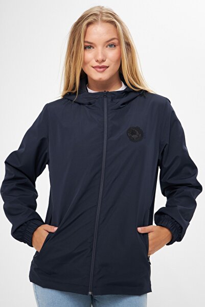 river green Women's Navy Blue Lined Hooded Raincoat with Pockets - Windbreake...