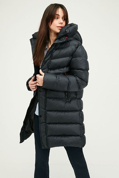 QAWWA Női kapucnis szélálló sötétkék puffer hosszú téli kabátok Parka kabát