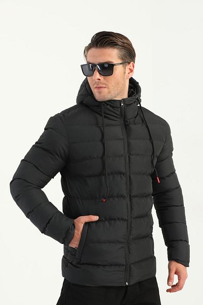 RİVERCLUP Men's Black Lined Hooded Windproof Puffer Winter Jacket