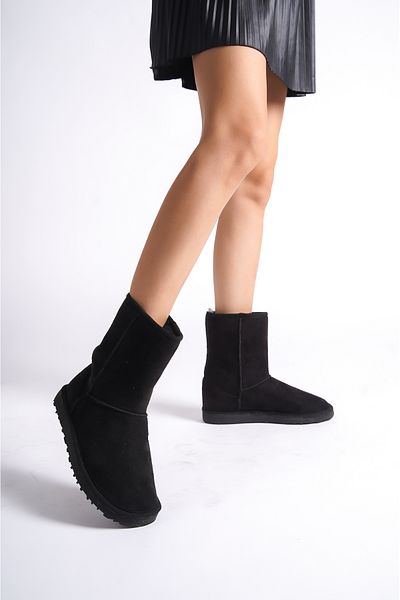 wemodaa Wemodacomtrayakkabı Women's Medium Size Black Suede Flat Sole Boots with Fur Inside