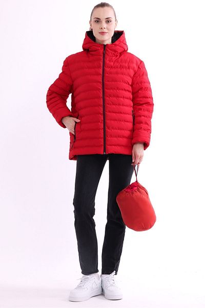 QAWWA Women's Red Lightweight Warm Holder with Portable Bag Windproof Filling Sports Coat