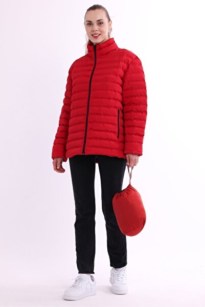 QAWWA Kadın Rüzgar Geçirmez Taşınabilir Çantalı Sıcak Tutan Elyaf Dolgulu Hafif Kırmızı Spor Mont