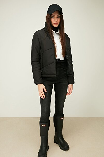 QAWWA Women's Black Fiber Windproof Puffer Winter Jacket