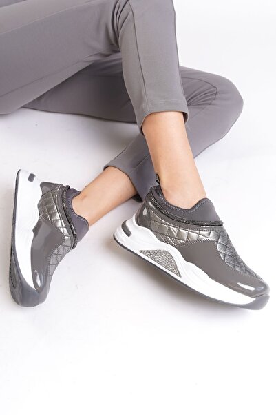 Limeo Gray Ankle Stoned Stripe Detailed Soft Comfortable High-Sole Sneaker Women's Sports Shoes