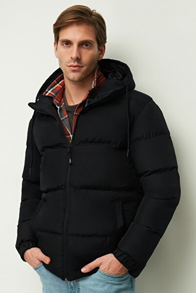 QAWWA Ανδρικό χειμερινό παλτό με μαύρη χοντρή επένδυση με κουκούλα νερού και αντιανεμικό