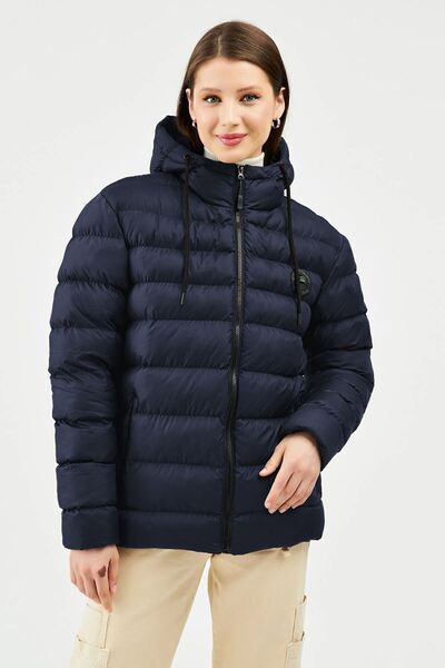 river green Palton puf de damă bleumarin - rezistent la vânt, cu glugă, căptușit