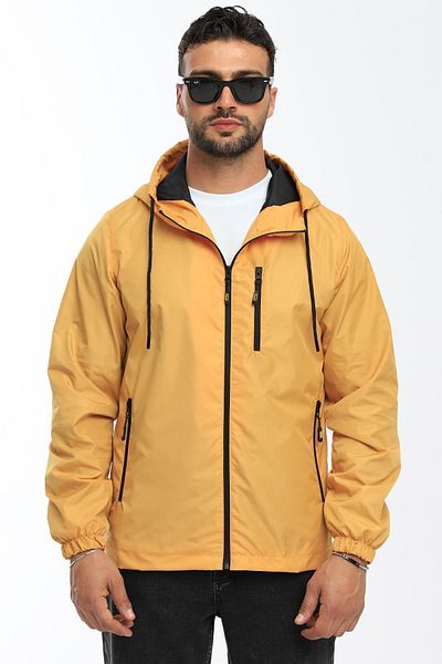 RİVERCLUP Men's Yellow Lined Wind Resistant Hooded Pocket Raincoat
