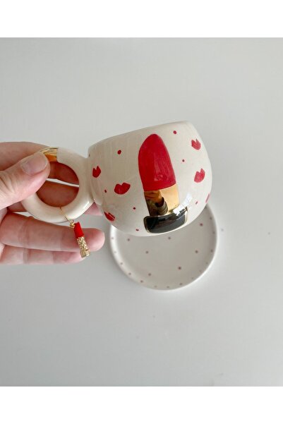 Mugtasarım 24K Gold Gilded Double Lipstick Handmade Ceramic Turkish Coffee Cup