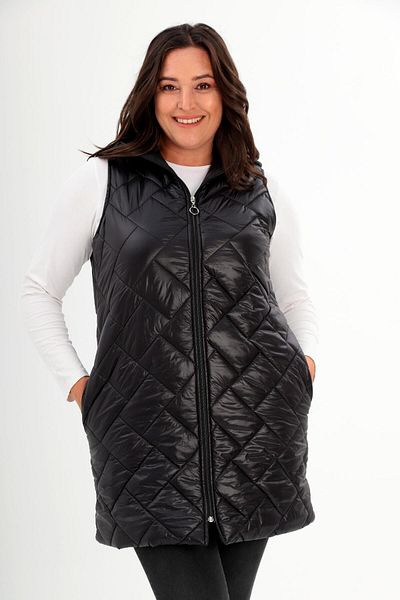 Metpoint Trend42Plus Large Size Long Large Size Black Puffer Vest with Hood and Pocket Detail