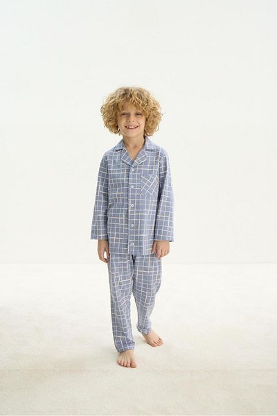 Sevim Boy's Blue Pajama Set - Long Sleeve, Front Button C8T4N7O8
