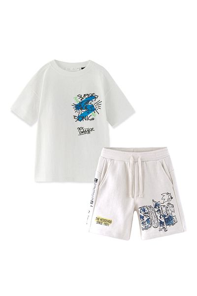 Lolliboomkids Boy's Sega Super Sonic Printed Ecru Color Oversize T-shirt Bermuda Shorts Set