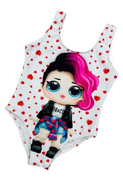 Lolliboomkids Κορίτσι - Punk Lol Rocker Boi Print White Heart μαγιό με μωβ μαλλιά
