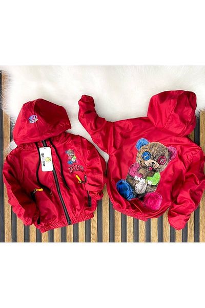 Lolliboomkids Children's Multicolored Teddy Bear Printed Inner Lined Waterproof Zippered Raincoat Red Black Color