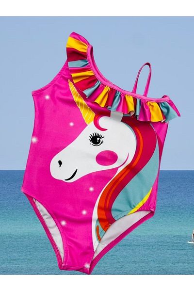 Lolliboomkids Girl's Cartoon Unicorn Character Single Sleeve Frilly Strap Swimsuit Elsa New Season