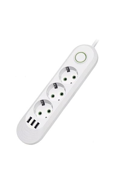 Onetick Akım Korumalı 3 Lü Priz Usb Şarj Aleti 2500 Watt Beyaz 1,8 Metre