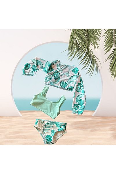 Lolliboomkids New Season Girl's Pastel Green Tone Leaf Tropical Pattern Pareo Bikini Set 3 Pieces Set