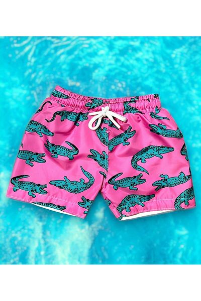 Lolliboomkids Fucsia pentru băiat - culoare verde imprimat crocodil model talie pantaloni scurți de baie/costume de baie reglabili