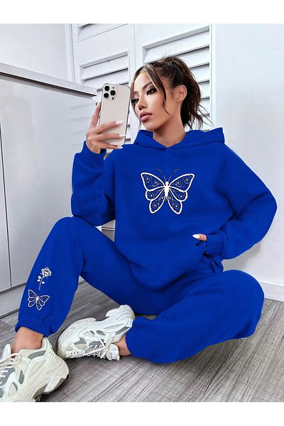 Modernica Φούτερ Sax Blue Hooded με Σετ Jogger Sweatpants - Butterfly Rose printed