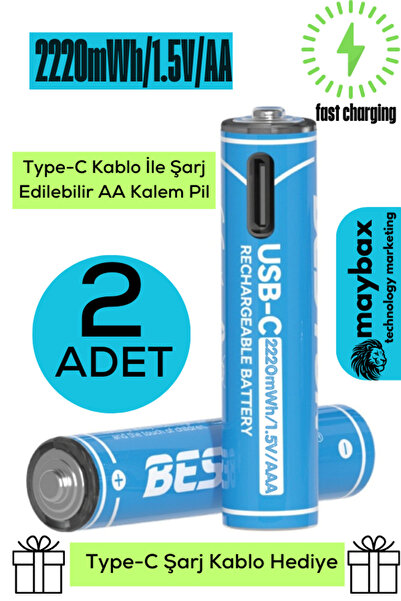 Maybax Usb Type-c Kablo Ile Şarj Edilebilir Lityum 2'li Kalem Beston Pil 1.5v...