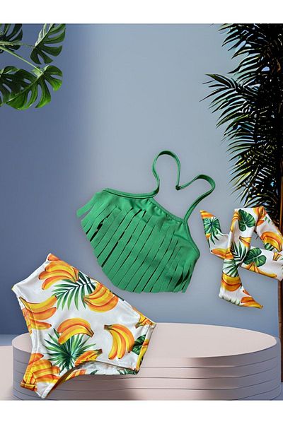 Lolliboomkids Girl's Tasseled Bikini Set High Waist Tropical Amazon Banana Pattern Hair Accessory Yellow Green