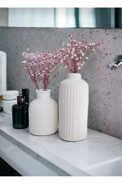 Quelife Dekoratif İskandinav Tarz Mini Ve Uzun BetonVazo Seti