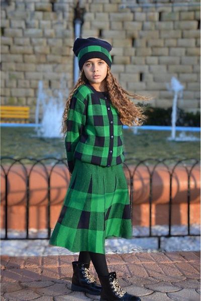 Lolliboomkids Set de tricotaje cu model în carouri pentru fete, inclusiv beretă - fustă - set de 3 piese verde -
