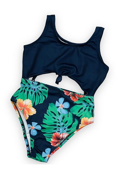 Lolliboomkids Costum de baie detaliat pentru fetiță, cu cravată pe burtă, culoare neagră, cu frunze de amazon tropicale / Mayokini