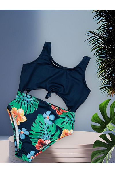 Lolliboomkids Costum de baie detaliat pentru fetiță, cu cravată pe burtă, culoare neagră, cu frunze de amazon tropicale / Mayokini