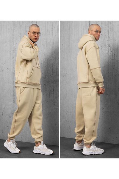 ibeeka New Season Men's Clothing Stone Color Reverse Stitching Detailed Kangaroo Pocket Style / Sporty Suit