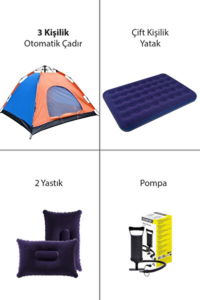 Onetick 3 Kişilik Otomatik Çadır Kamp Yatak Yastık Şişirme Pompa Seti