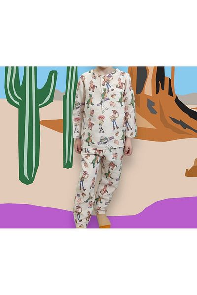 Lolliboomkids Set Pijama Baiet - Tesatura Muslin, Nasturi, Culoare Pastel, Cowboy Bumbac