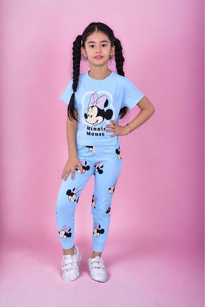 Lolliboomkids Set de 2 tricouri pentru fetiță, cu imprimeu Mickey Minnie, de culoare albastru moale, cu picior cu nervuri