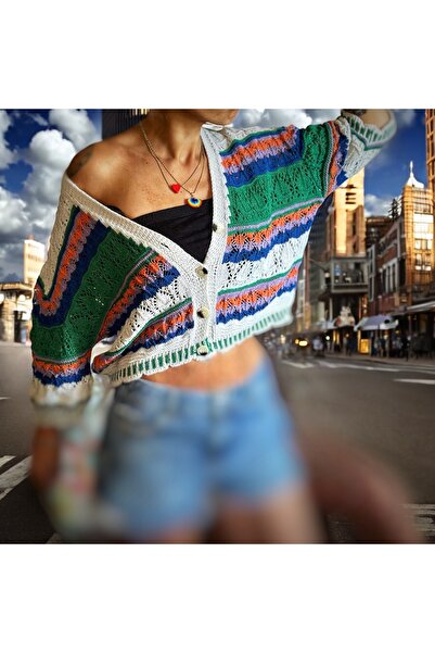 ibeeka Yeni Sezon Etnik Renkler Düğme Kapamalı Triko Hırka Standart Beden