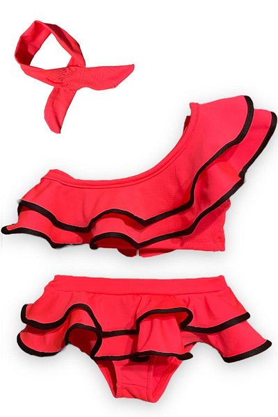 Lolliboomkids Girl's Neon Colors Pink Color One Shoulder Ruffle Bikini Set with Hair Band Gift Latest Fashion