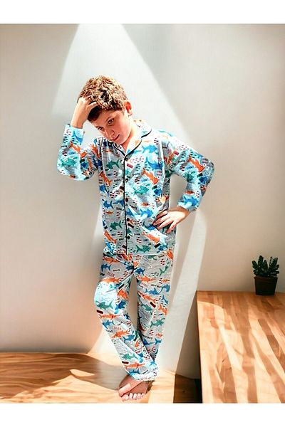 Lolliboomkids Set de pijama cu guler cămașă cu nasturi pentru băiat Rechin / Creaturi marine cu model