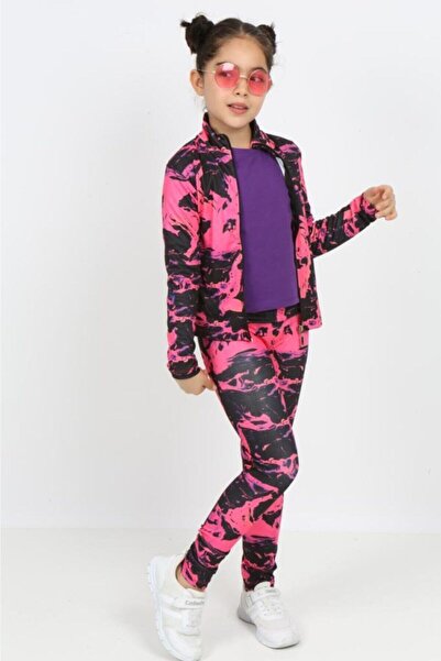 Lolliboomkids Κοριτσίστικο σετ αθλητικής φόρμας 3 τεμαχίων από ύφασμα κατάδυσης με σχέδιο φούξια ροζ, για γυμναστική σε εξωτερικούς χώρους