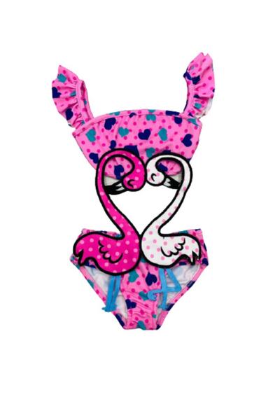 Lolliboomkids Κοριτσίστικα μαγιό με θέμα Flamingo Λευκό - Ροζ βολάν λουράκι - Μοτίβο καρδιάς μαγιό τελευταίας σεζόν
