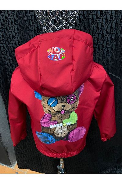Lolliboomkids Children's Multicolored Teddy Bear Printed Inner Lined Waterproof Zippered Raincoat Red Black Color