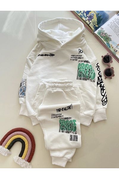 Lolliboomkids Unisex Παιδικό άσπρο χρώμα στο επάνω μέρος Σετ φόρμας Graffiti Print Pattern