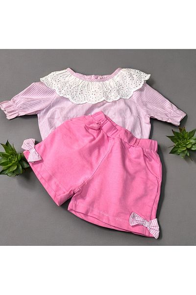 Lolliboomkids Pink Plaid Lace Collar Shorts Set - Top Bow Knit