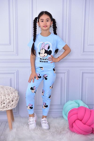 Lolliboomkids Set de 2 tricouri pentru fetiță, cu imprimeu Mickey Minnie, de culoare albastru moale, cu picior cu nervuri