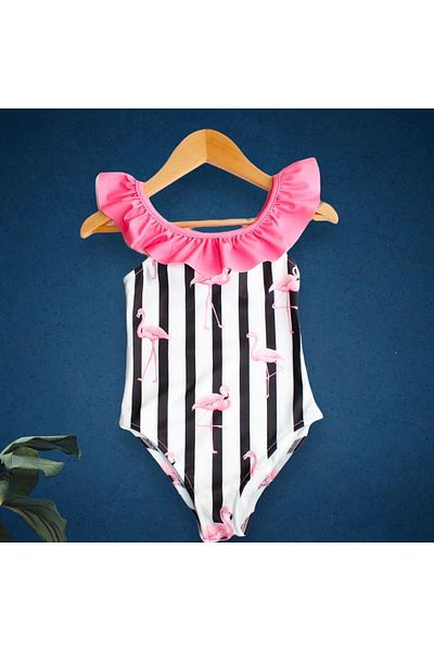 Lolliboomkids Girl's Flamingo Pattern Ruffle Collar Black White Striped Pink Detailed Swimsuit New Season