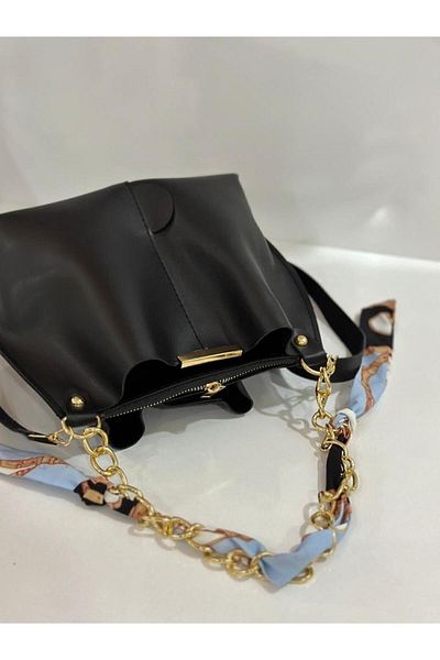 Chocolate Women's Scarf Soft Leather Bag with Chain Accessories Black.