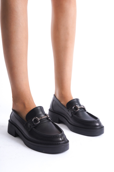 MİSS AMORE Черни дамски обувки мокасини с катарама от естествена кожа