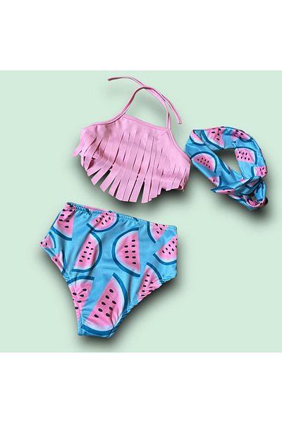 Lolliboomkids Girl's Tasseled Bikini Set High Waist Watermelon Printed Hair Accessory Pastel Pink