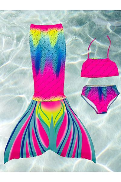 Lolliboomkids Girl's Mermaid Tail Costume Swimsuit Bikini Set 3 Piece Trendy Rainbow