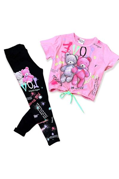 Lolliboomkids Girl's Love Glitter Detailed Amigurimi Teddy Bear Visual Printed Waist Drawstring Crop Tights Set 2 Piece