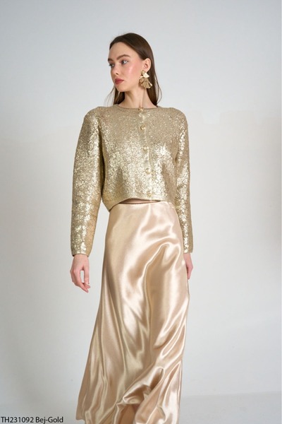 Zey Studio Women's Gold Crew Neck Scarf Detailed Knitwear Cardigan